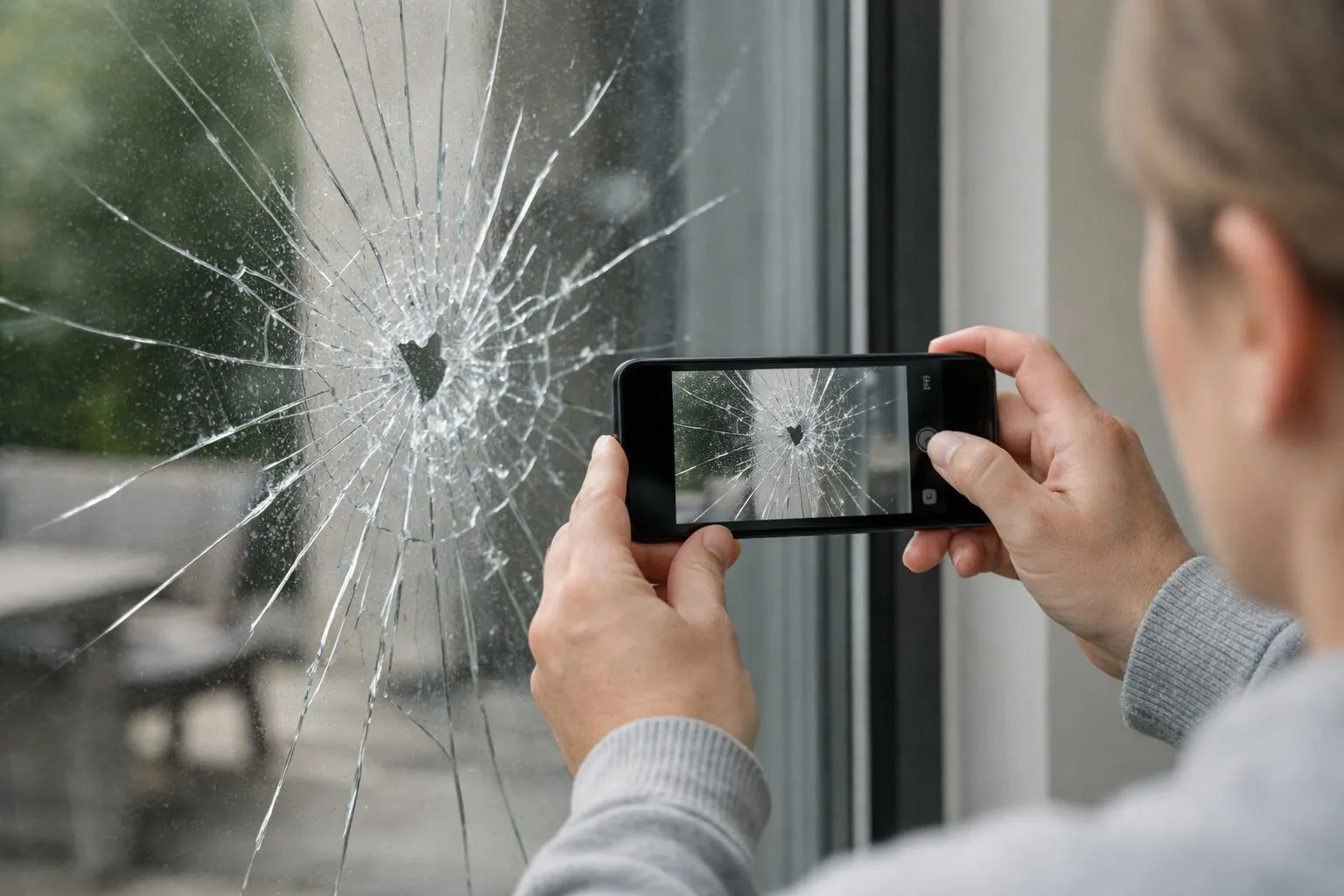 Homeowner using smartphone to photograph shattered window glass, close-up of damaged windowpane with visible cracks, natural daylight, insurance documentation scene, modern residential setting, realistic style