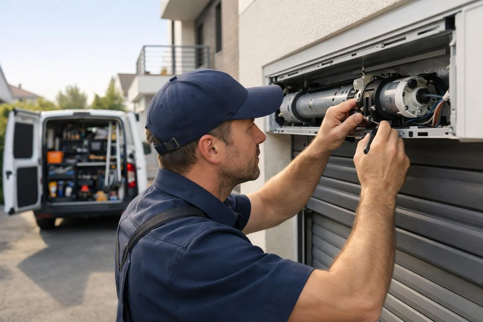 Professional technician in branded uniform repairing roller shutter mechanism on modern residential building in Lesquin, emergency service van with equipment visible in driveway, early morning light, realistic workplace scene showing hands working on motor housing