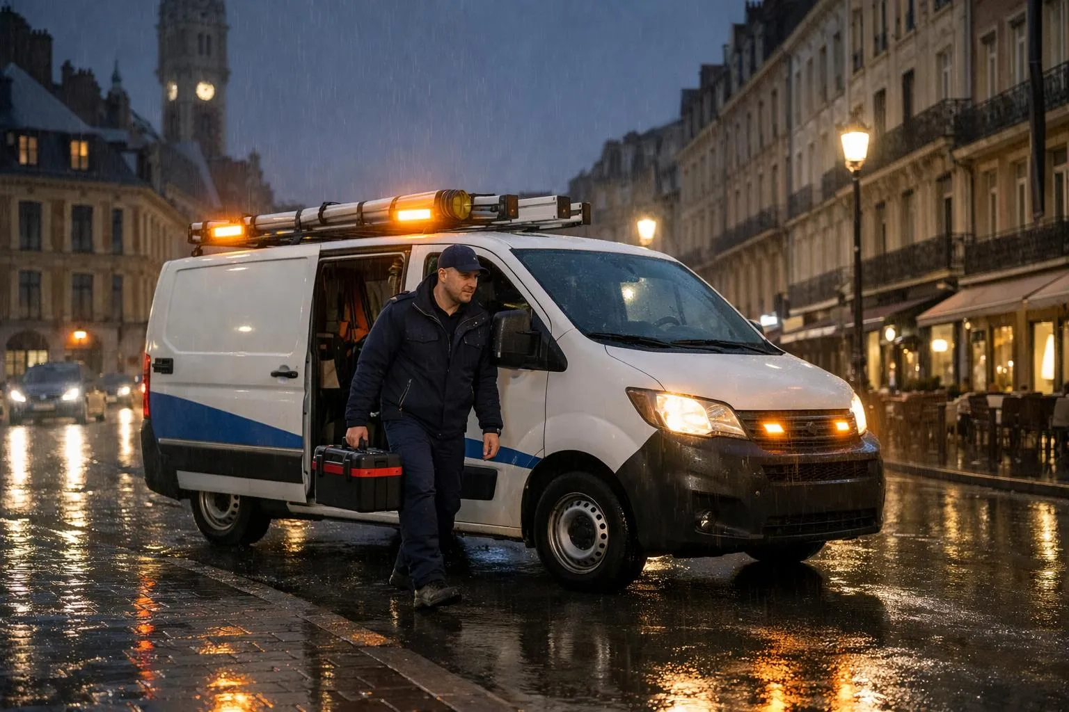Professional emergency plumber van with orange hazard lights arriving at night in front of a typical northern French brick residential building in Lille, technician stepping out with toolbox, rainy street scene with visible urgency