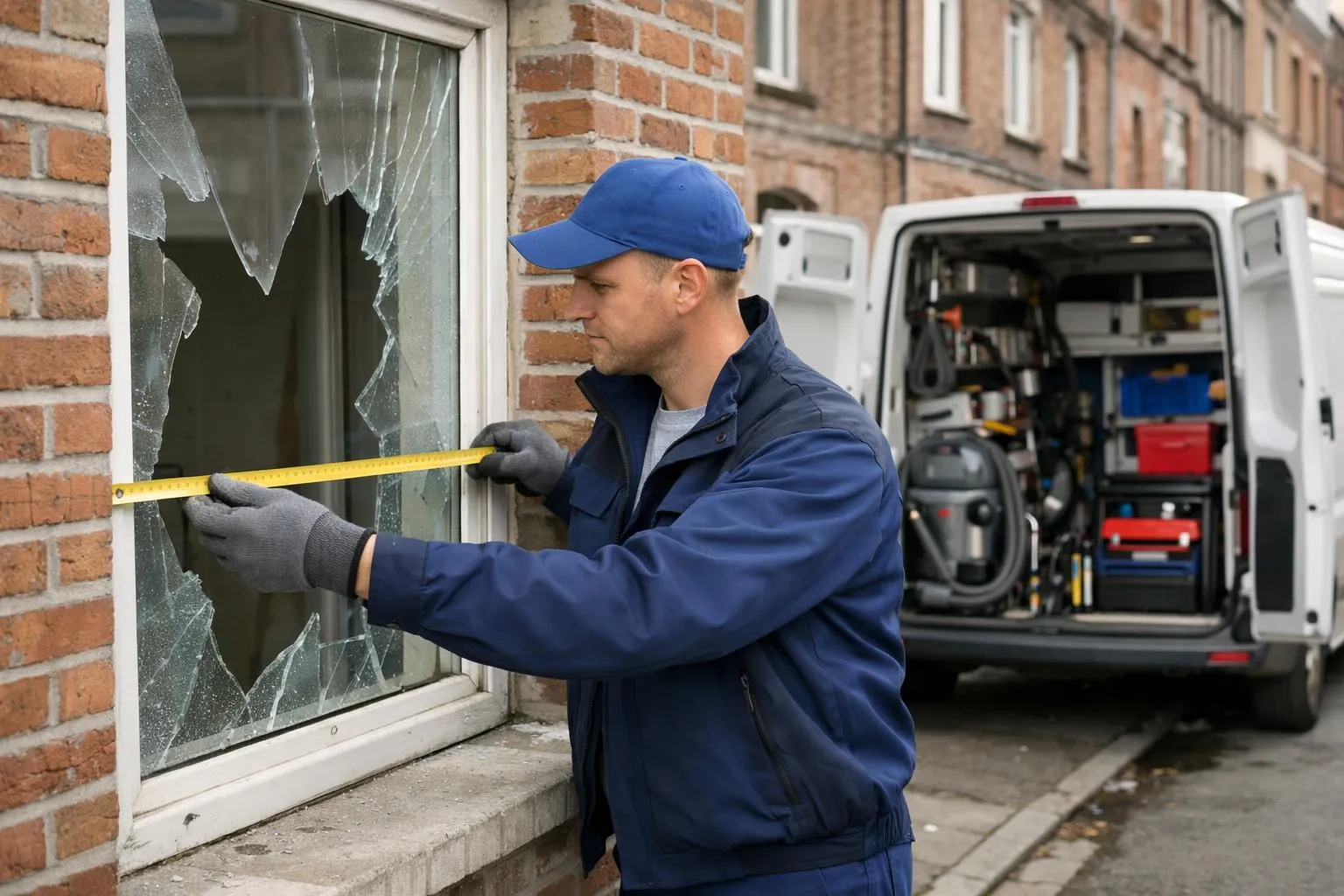 A professional glazier in work attire carefully measuring a broken window frame with measuring tape in a typical brick residential building of Lille, with a service van parked nearby showing emergency repair equipment, realistic professional photography style, daytime natural lighting, focus on the technical repair assessment process