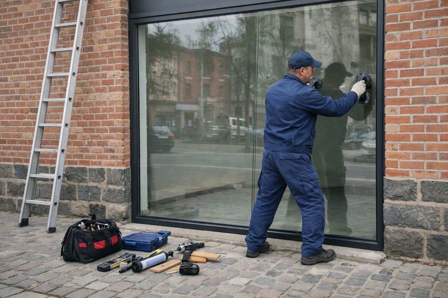 Vitrier professionnel en combinaison de travail installant une grande vitrine transparente sur la devanture d'une boutique dans une rue commerçante typique de Roubaix, avec briques rouges et pavés visibles, outils de pose au sol, échelle appuyée contre la façade