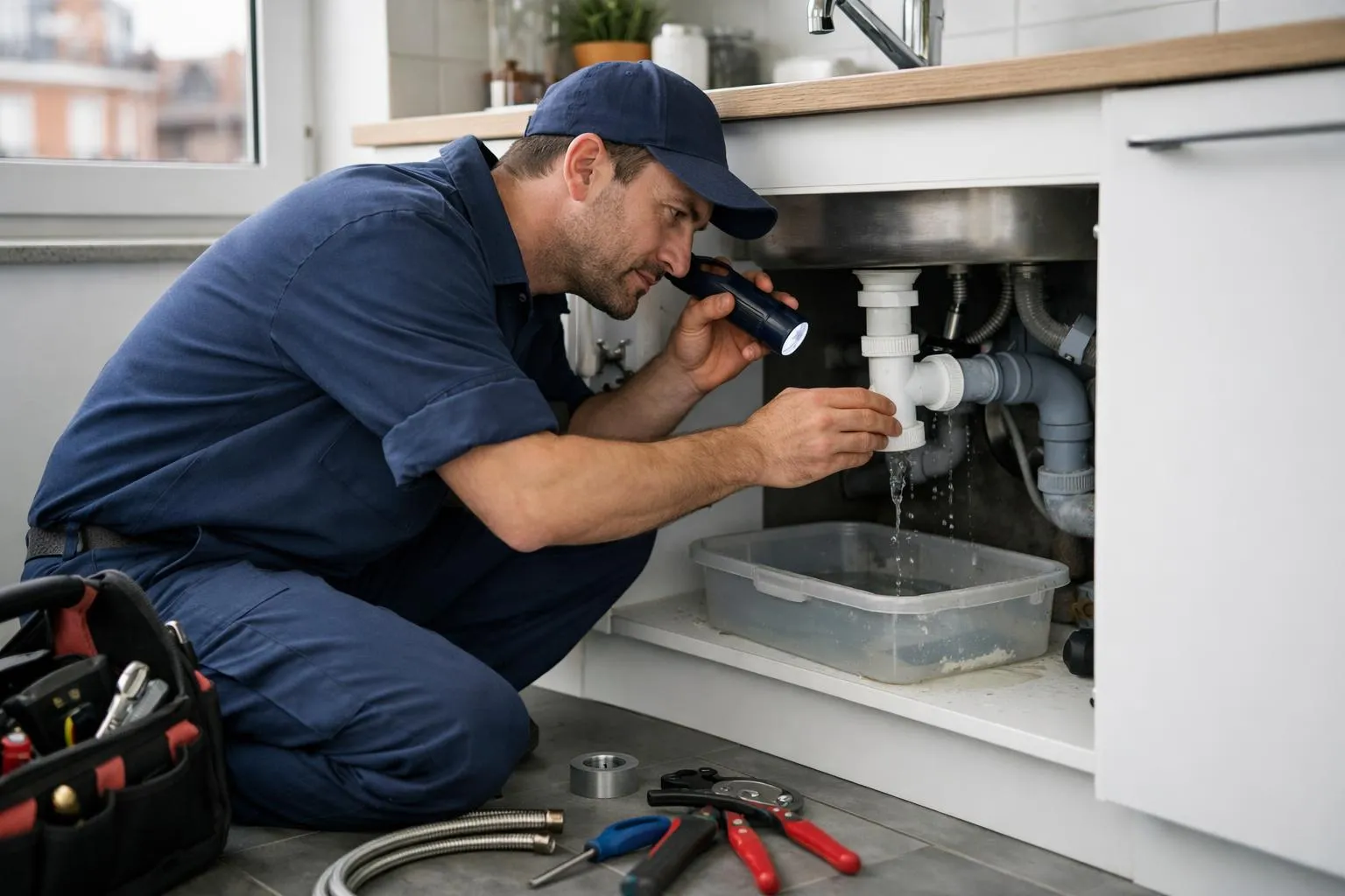 Plombier inspecte et répare un évier de cuisine avec des outils.