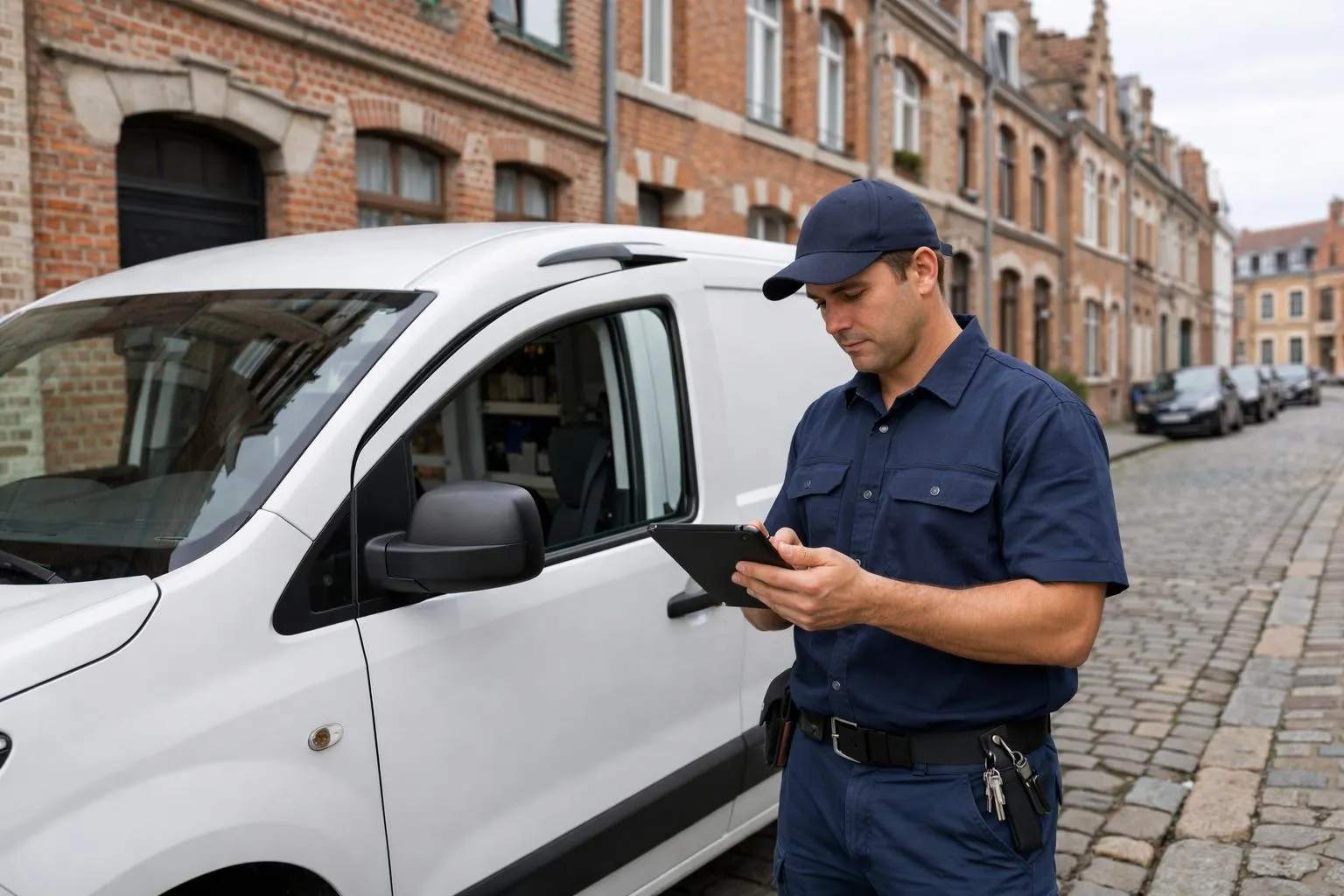 Homme en uniforme bleu vérifiant une tablette près d'un véhicule utilitaire blanc.