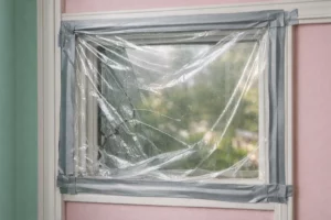 Fenêtre recouverte d'un film plastique transparent.