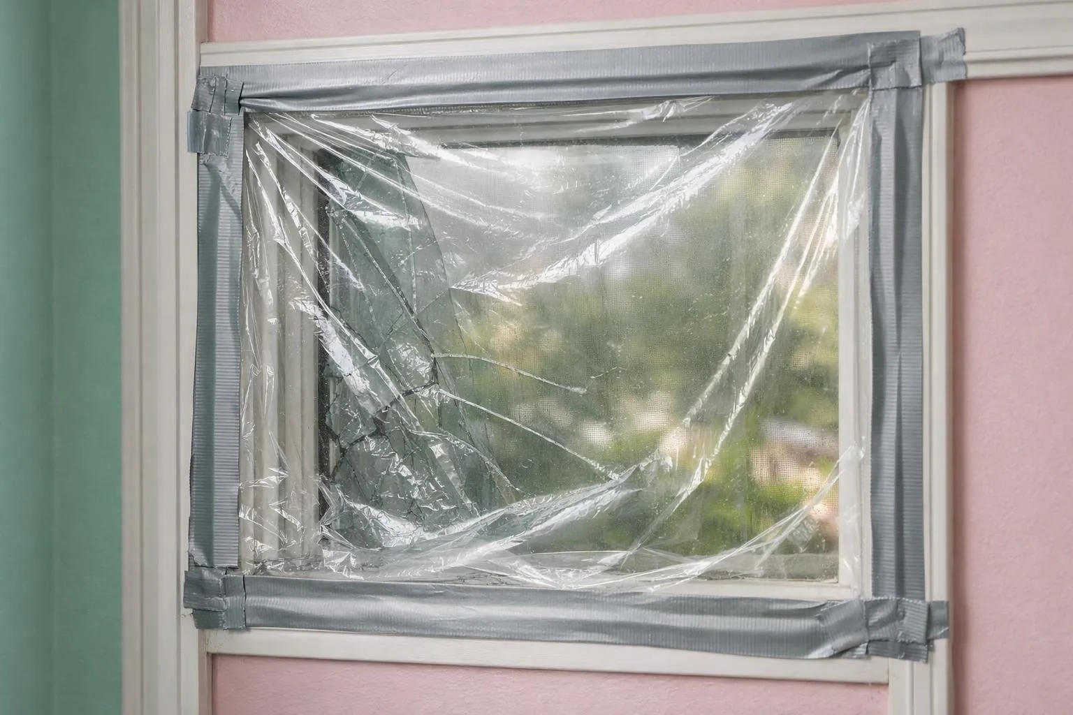 Fenêtre recouverte d'un film plastique transparent.