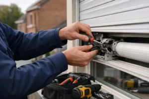 Professional technician in branded uniform examining a broken roller shutter mechanism on a residential building facade in La Madeleine, France, with specialized repair tools and van visible in background, daytime realistic photography