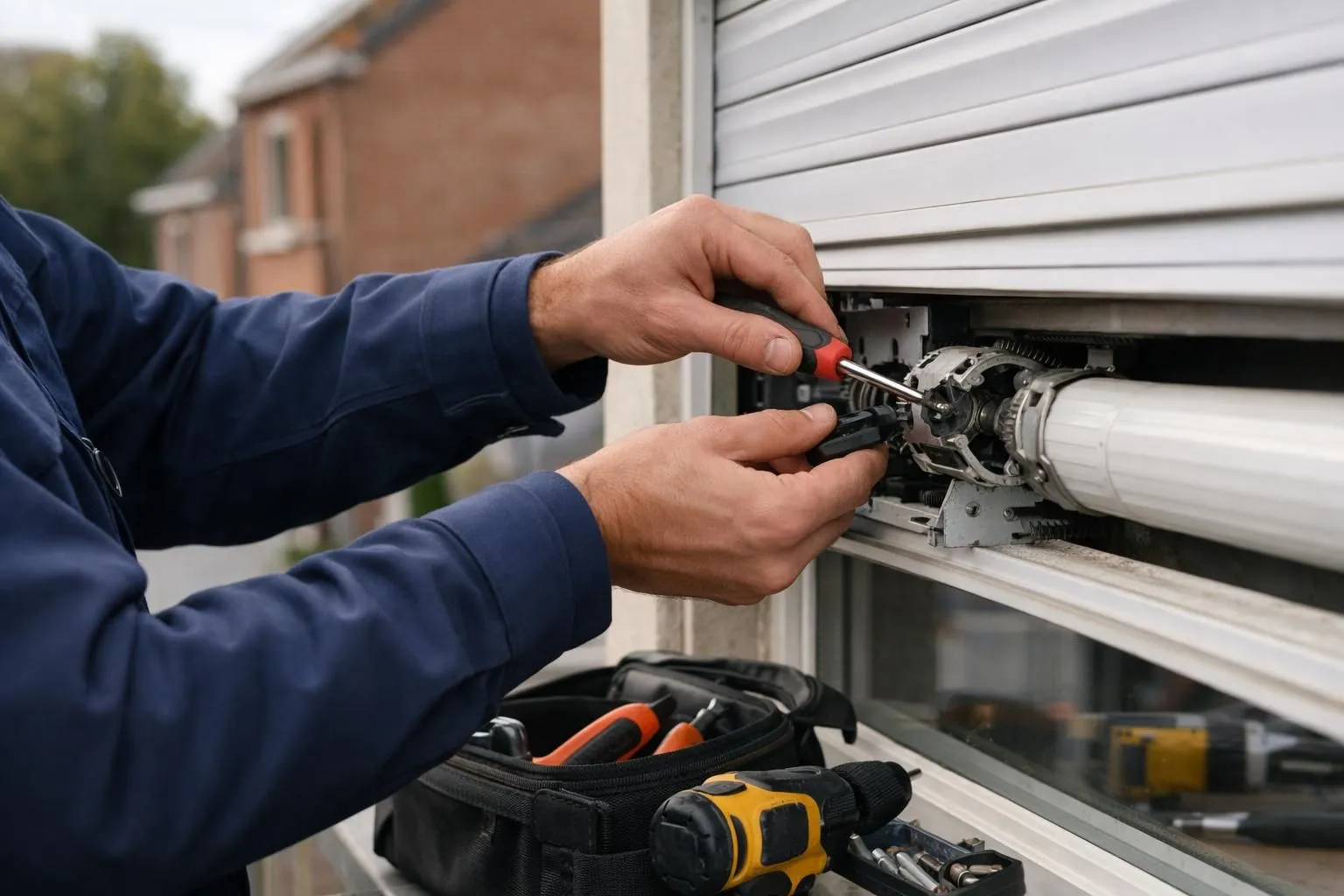 Professional technician in branded uniform examining a broken roller shutter mechanism on a residential building facade in La Madeleine, France, with specialized repair tools and van visible in background, daytime realistic photography