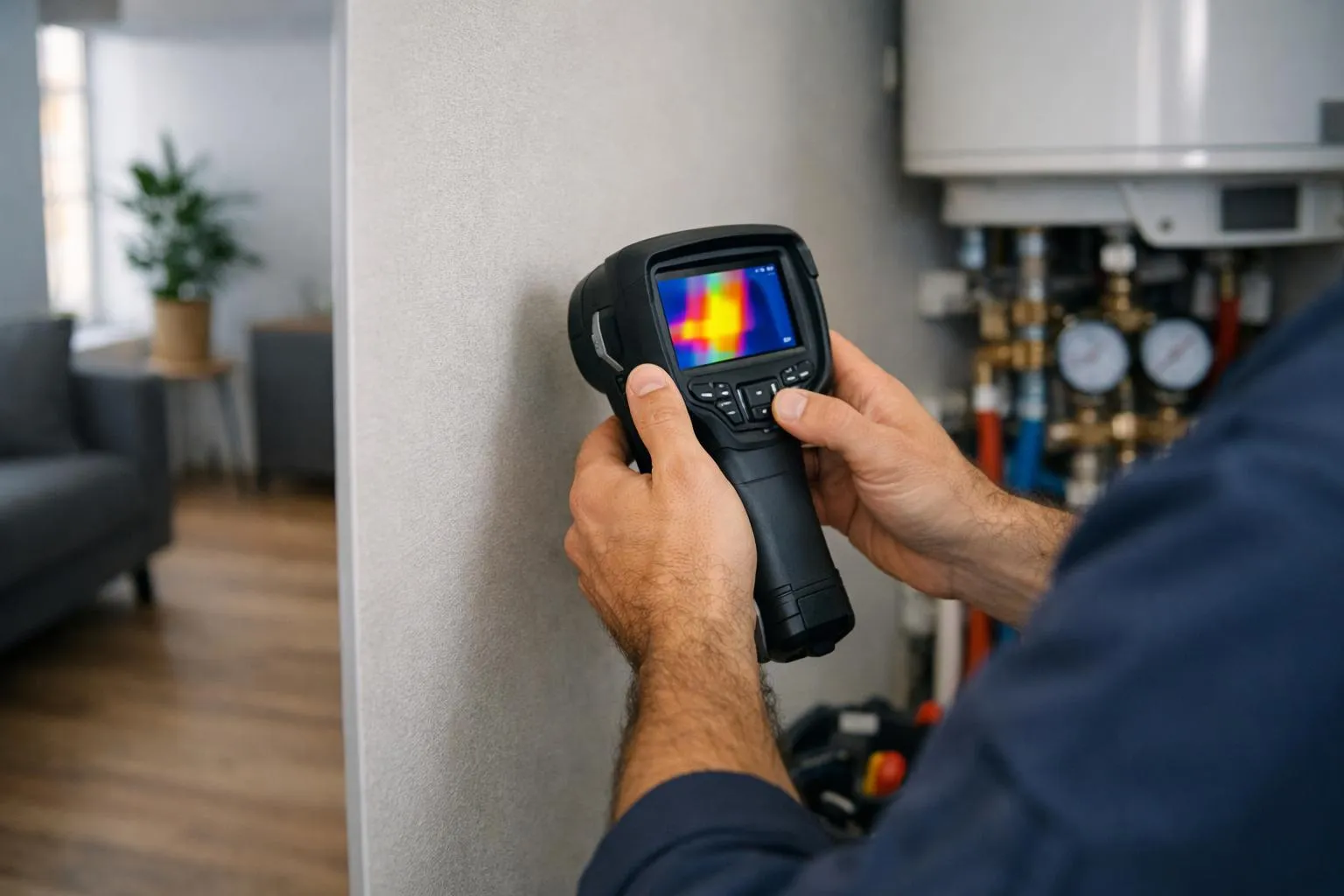 Professional plumber using thermal imaging camera to detect hidden water leak behind wall in modern Lille apartment, technical equipment visible, focused diagnostic work in residential setting