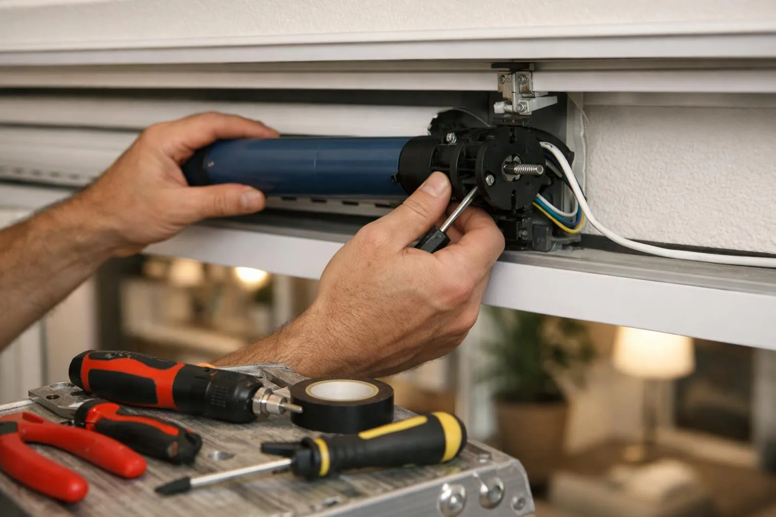 Technicien professionnel en train de remplacer un moteur de volet roulant électrique dans un intérieur résidentiel moderne à Lille, avec ses outils de dépannage posés sur une échelle, gros plan sur le mécanisme et les mains expertes en action