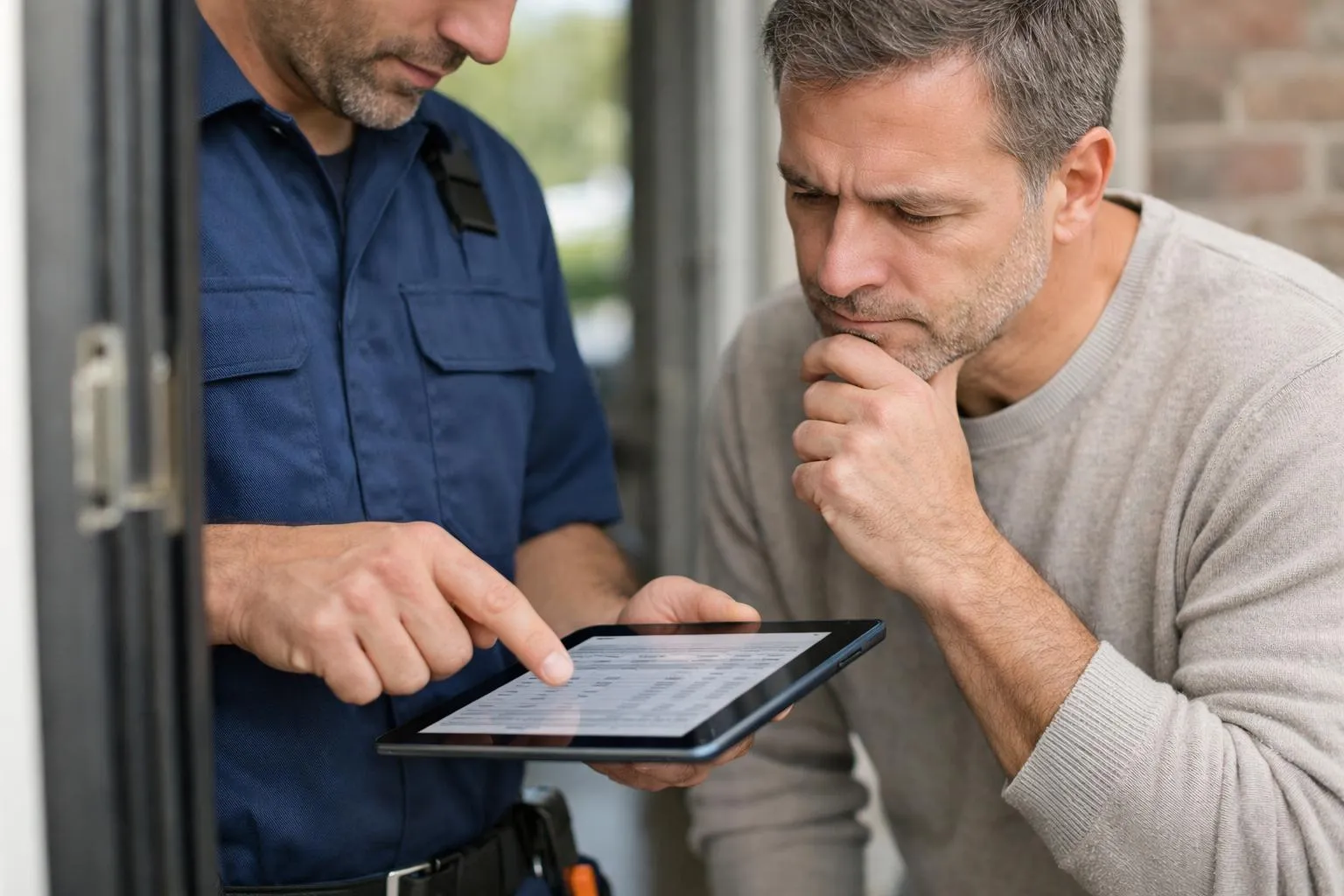 Deux hommes examinant attentivement une tablette numérique.