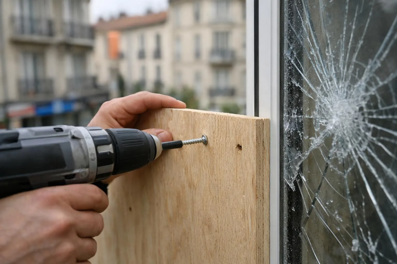 Mains tenant une perceuse vissant un panneau de bois sur une fenêtre cassée.