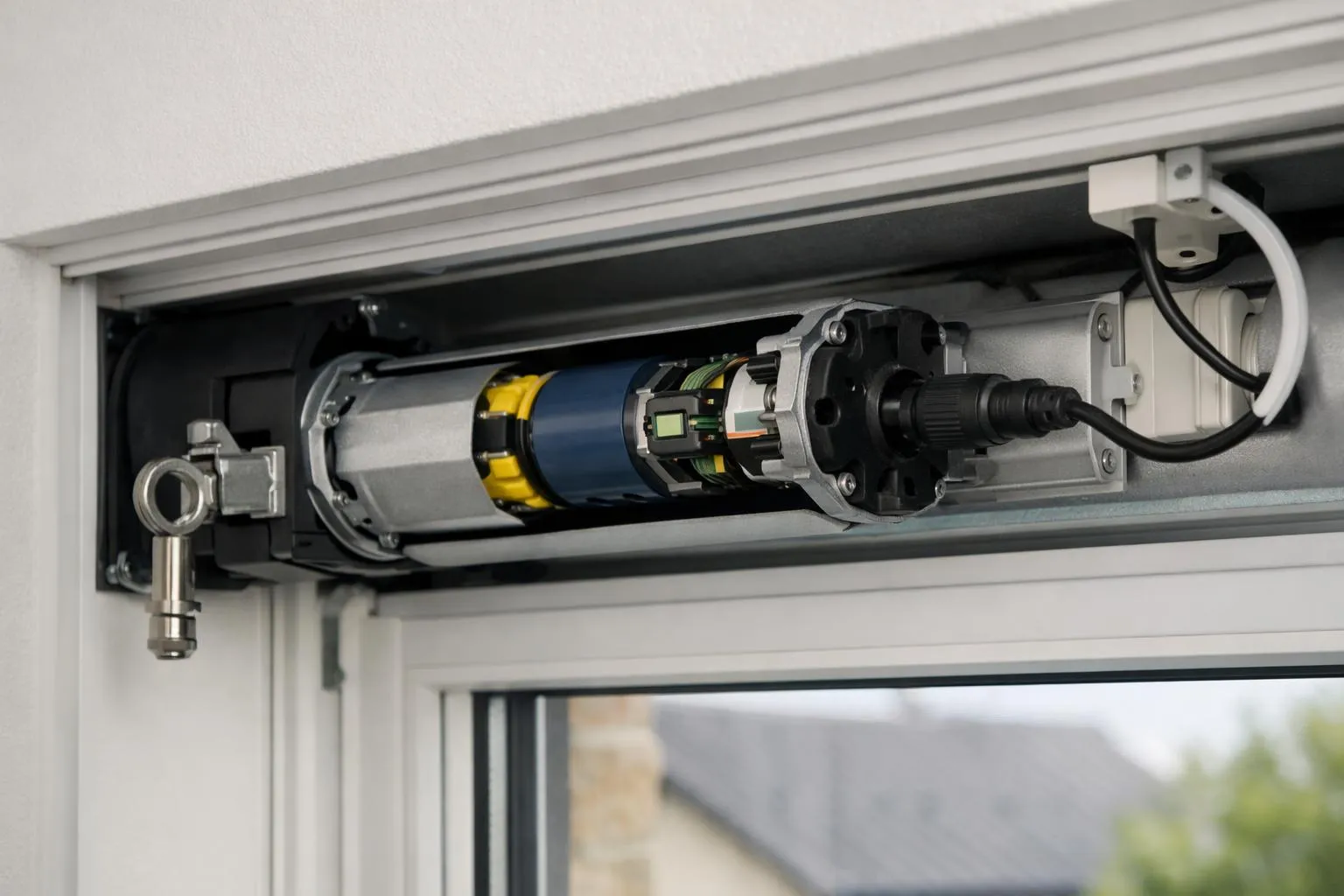 Mécanisme de porte de garage électrique avec moteur et câblage.