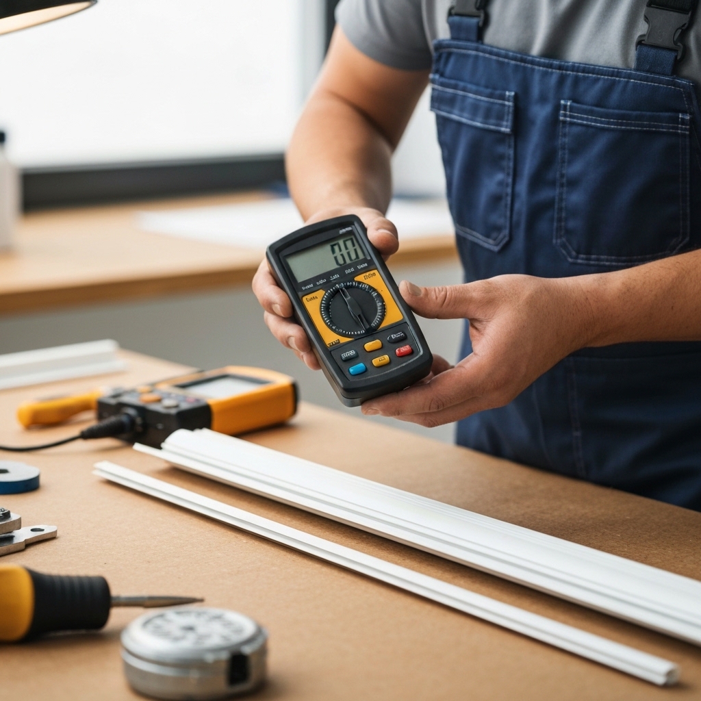 Gros plan réaliste sur les mains gantées d'un technicien professionnel tenant un condensateur moteur défectueux d'un volet roulant électrique, avec un multimètre et des outils spécialisés posés sur un établi, éclairage d'atelier, mise au point nette sur le composant électrique