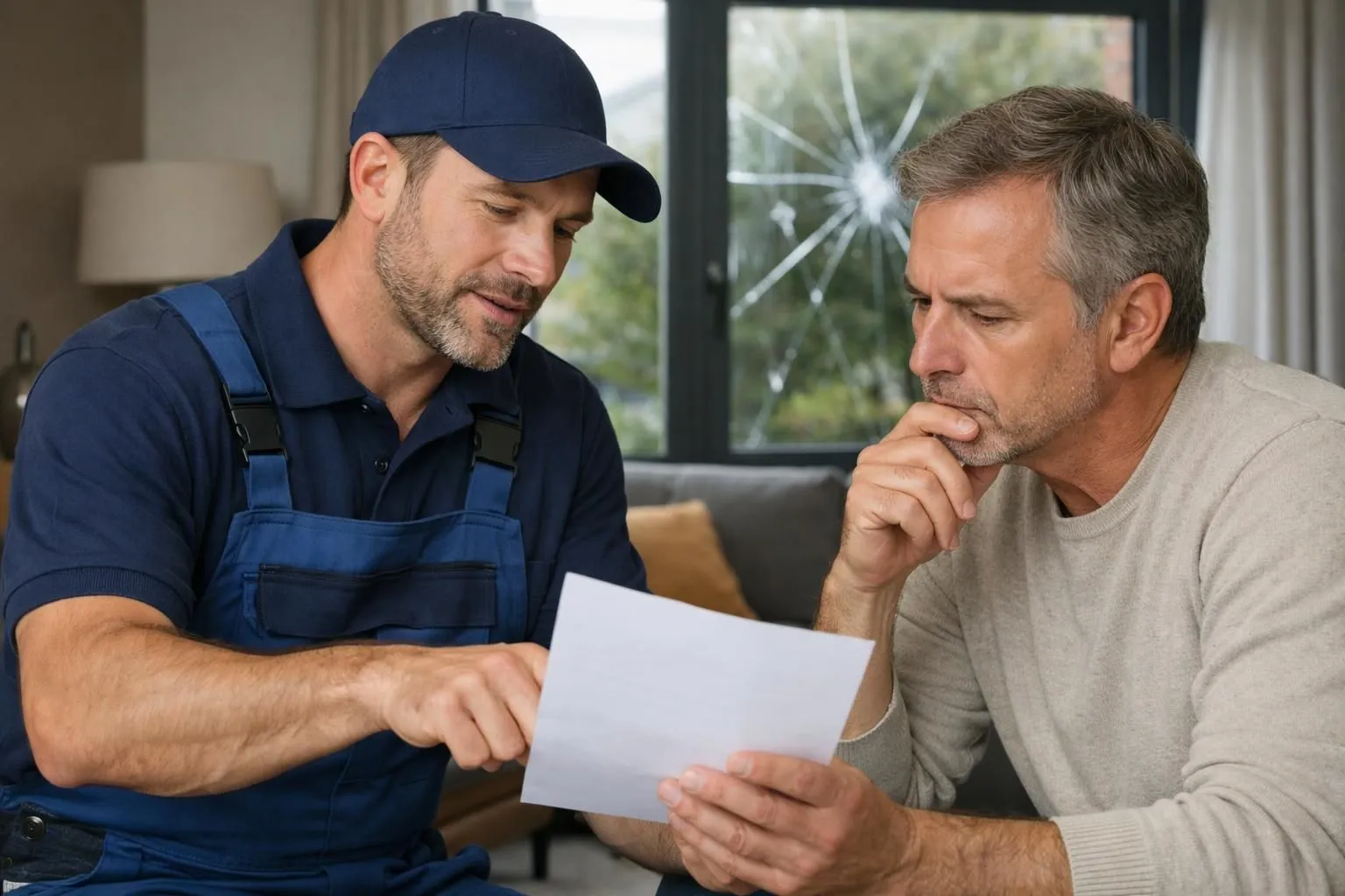 Professional glazier in work uniform showing detailed invoice breakdown to concerned homeowner in modern Lambersart living room with broken window visible in background, natural daylight, realistic documentary photography style