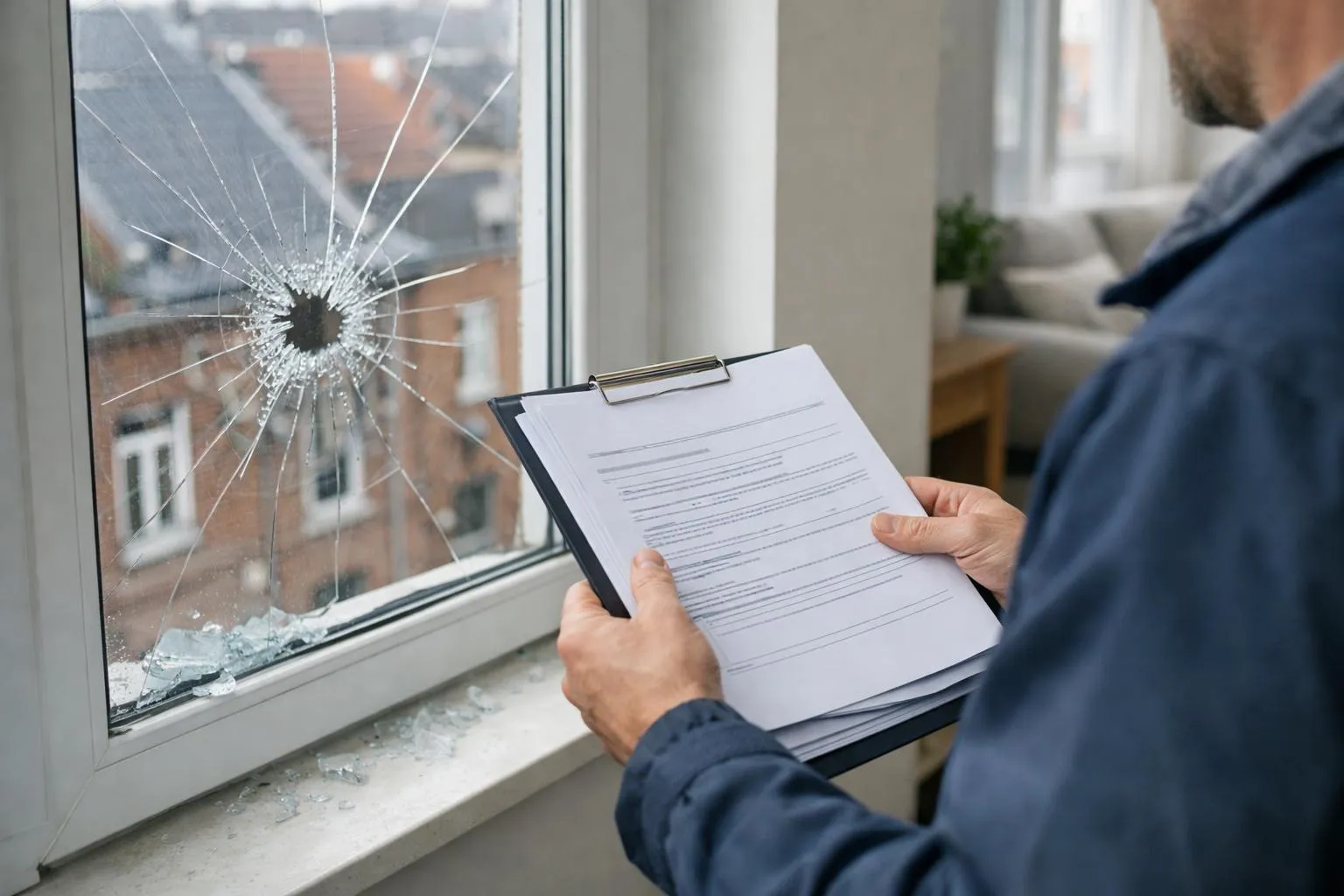 Close-up of a professional glazier's hand holding an insurance claim document next to a broken window pane with visible cracks, in a residential interior in Lille with soft natural lighting, showing the contrast between bureaucratic paperwork and physical glass damage