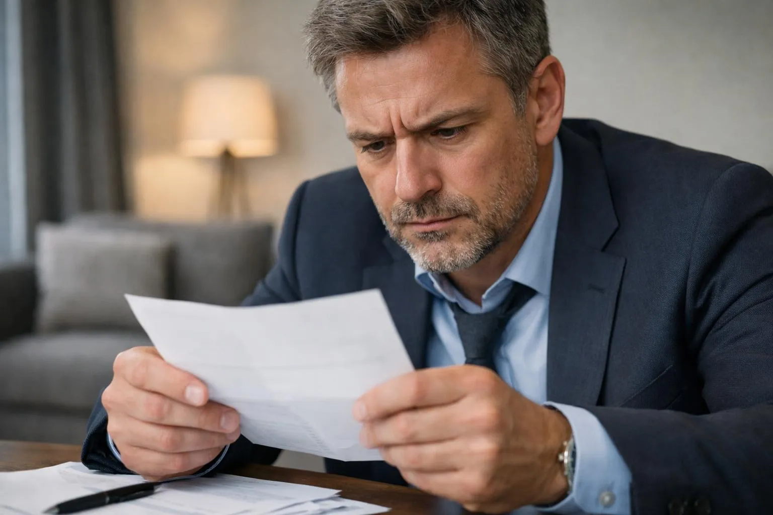 Homme d'une quarantaine d'années assis à une table de salon moderne, examinant avec inquiétude une facture détaillée de serrurier, documents étalés devant lui, décor intérieur lillois typique avec moulures, lumière naturelle tamisée, vue rapprochée sur l'expression préoccupée