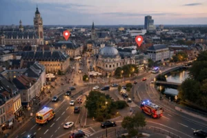 Vue aérienne nocturne de la métropole lilloise montrant un réseau de routes illuminées avec des véhicules d'intervention se déplaçant rapidement, concept de couverture géographique complète et de système de géolocalisation pour services d'urgence serrurier, ambiance professionnelle et urbaine