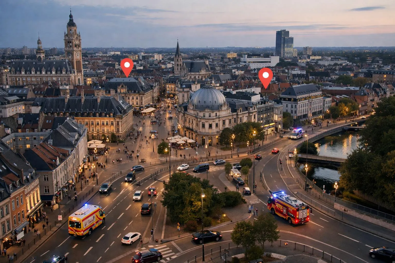 Vue aérienne nocturne de la métropole lilloise montrant un réseau de routes illuminées avec des véhicules d'intervention se déplaçant rapidement, concept de couverture géographique complète et de système de géolocalisation pour services d'urgence serrurier, ambiance professionnelle et urbaine