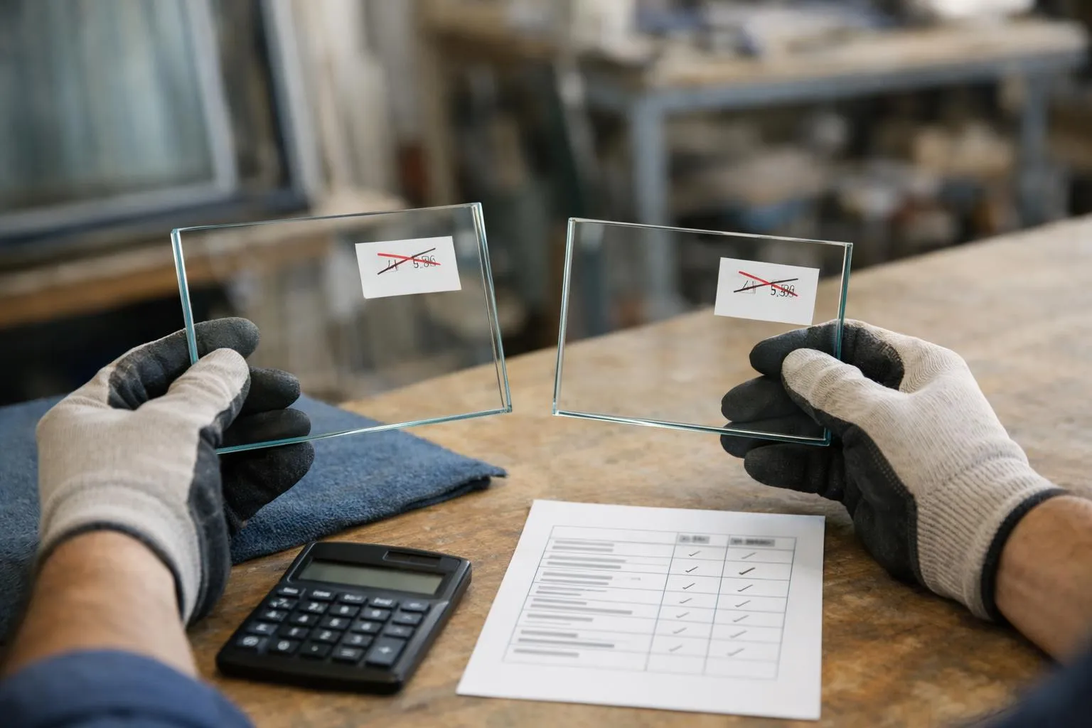 Deux échantillons de verre avec étiquettes de prix, calculatrice et documents sur un bureau.