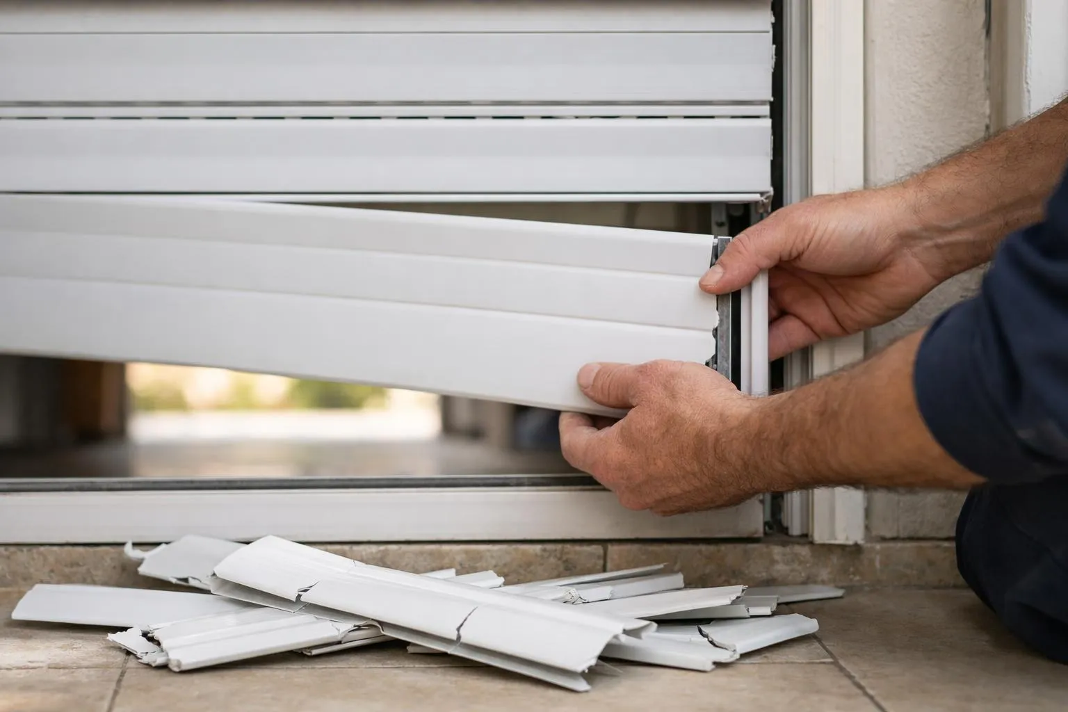 Mains installant des volets roulants blancs sur un cadre.