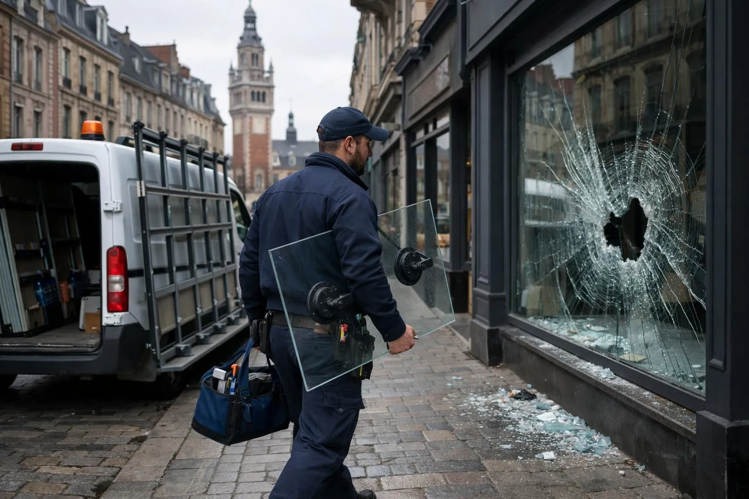Professional glazier in uniform arriving with emergency van at damaged storefront window in Lille urban street, carrying glass panel and professional tools, French architecture background, realistic daytime scene