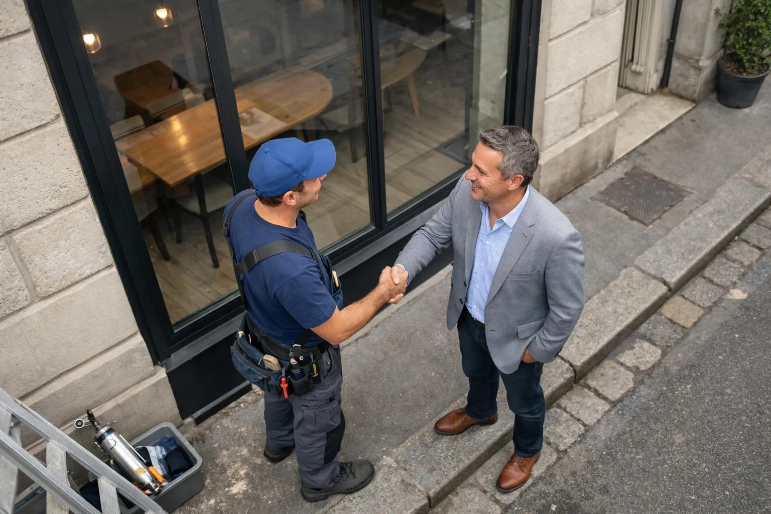 Professional glazier in work uniform shaking hands with satisfied business owner in front of newly installed storefront window in urban French setting, realistic photography, daylight scene showing completed quality work