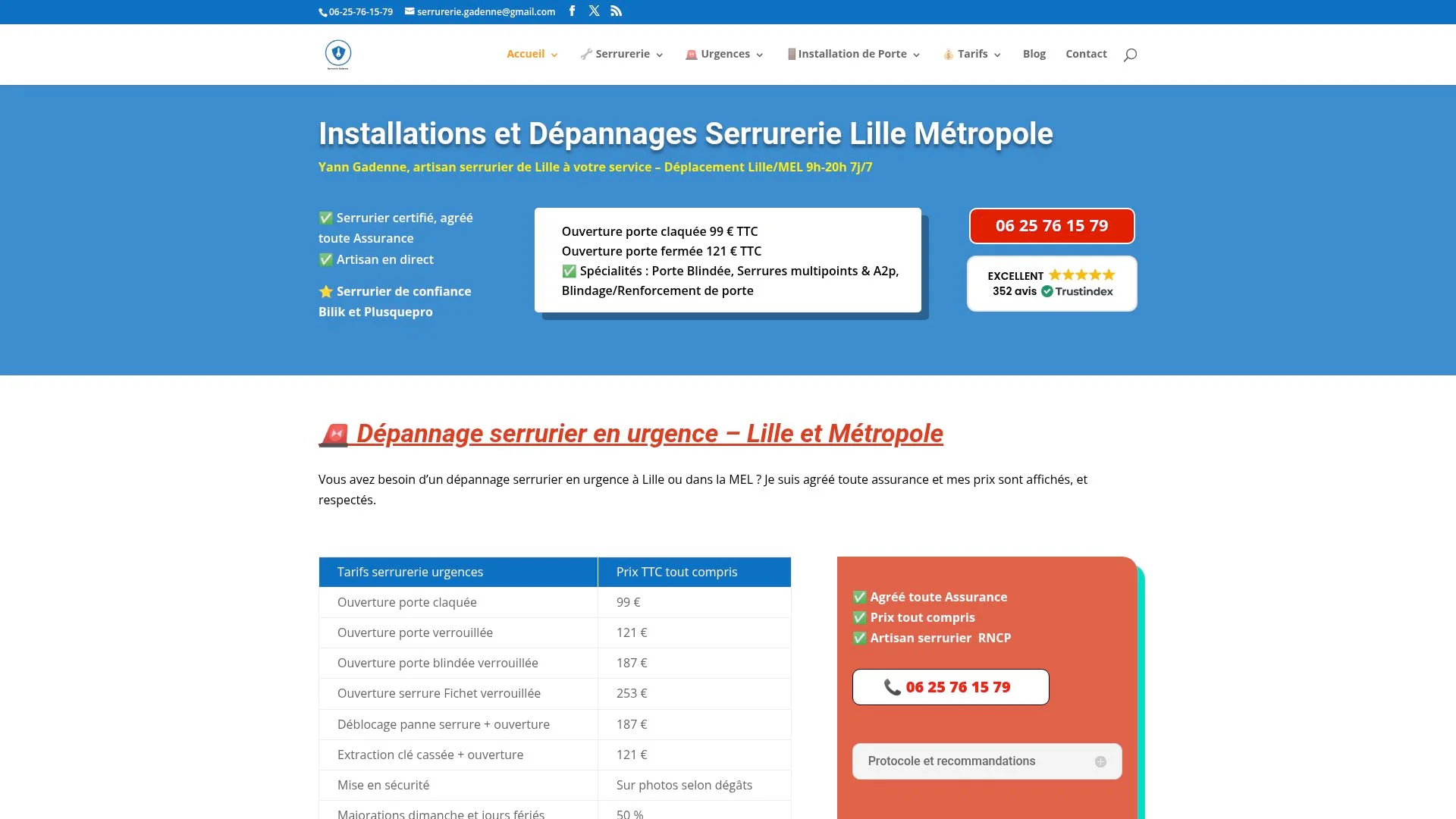 Site web d'une entreprise de serrurerie à Lille avec tarifs et services.