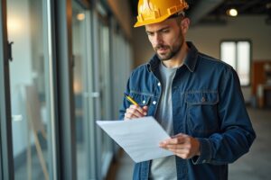 Technicien en vitrerie vérifie son travail avec un cahier de vérification après dépannage rapide