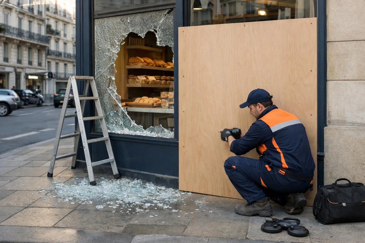 Ouvrier en uniforme sécuritaire réparant une vitrine brisée de boulangerie.