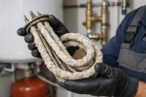 Pièce de plomberie encrassée de calcaire dans une main gantée.