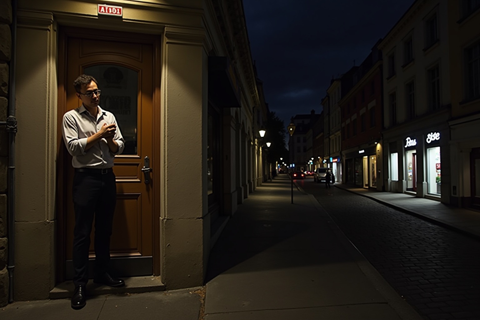 Homme en costume debout dans l'embrasure d'une porte, rue sombre la nuit.