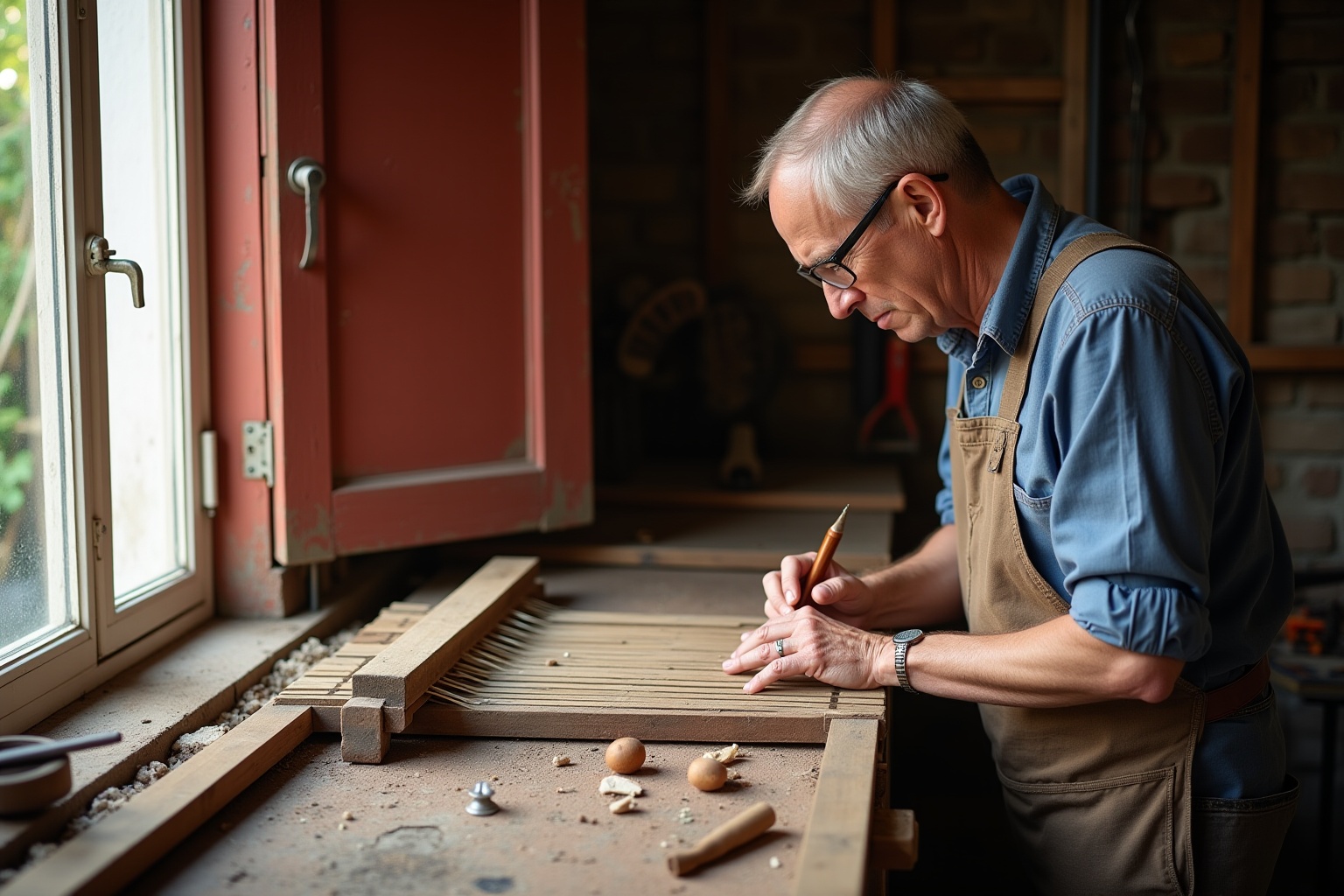 Homme âgé travaillant avec soin sur un projet de menuiserie.