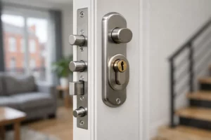 Porte d'entrée en métal avec serrure et poignée en acier.