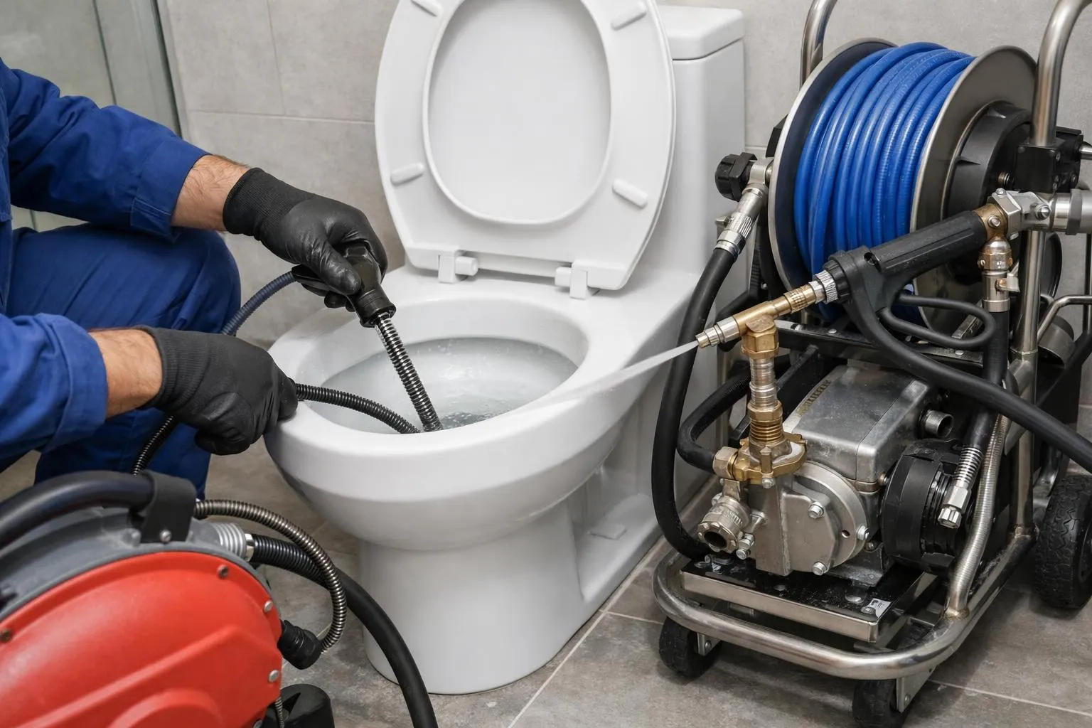 Plombier utilisant un équipement pour nettoyer les toilettes.