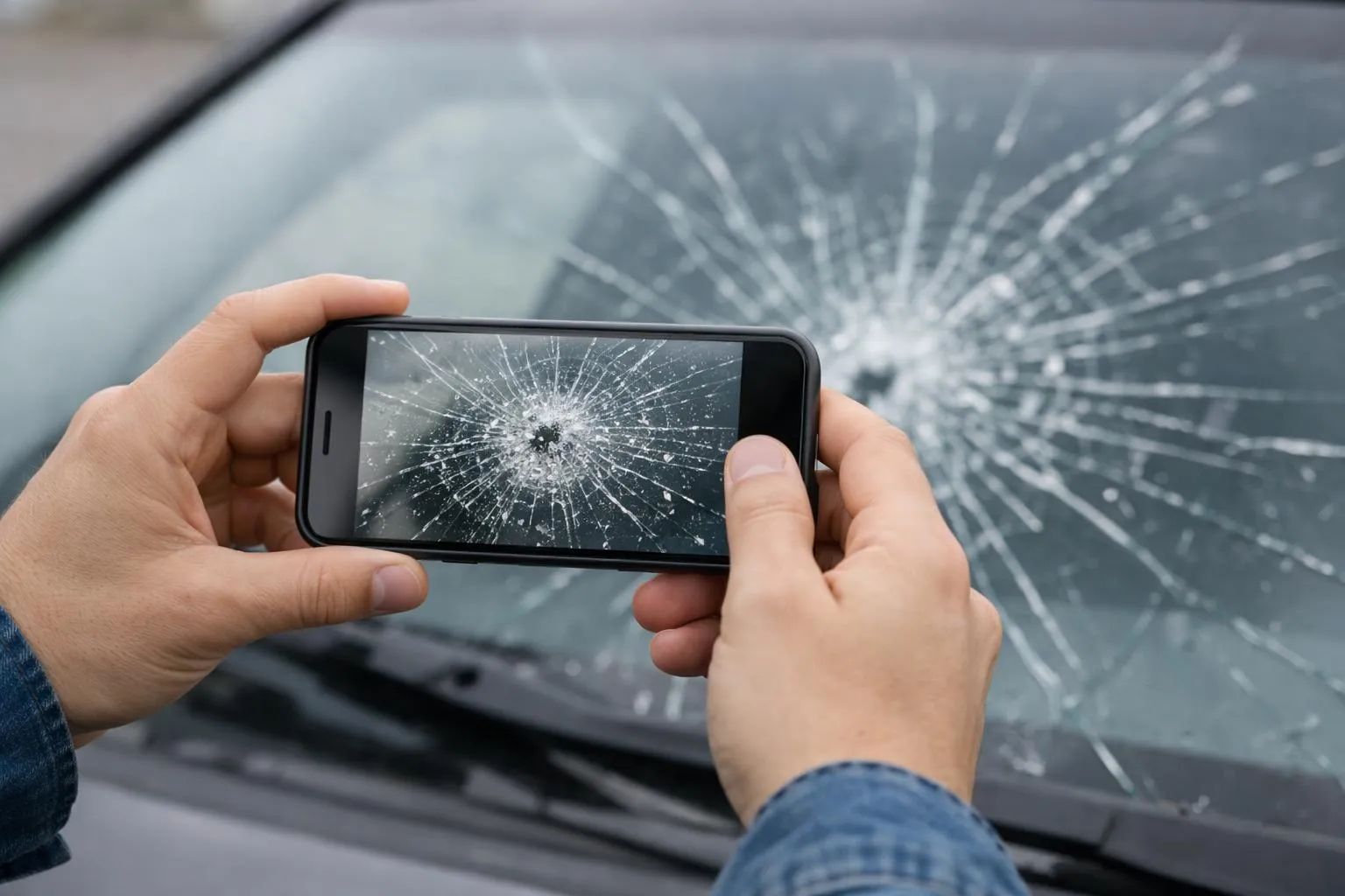 Smartphone avec écran fissuré dans les mains d'une personne.
