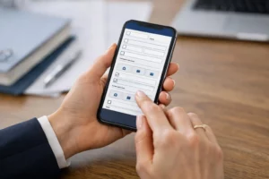 Formulaire mobile avec champs à remplir sur un écran de smartphone.